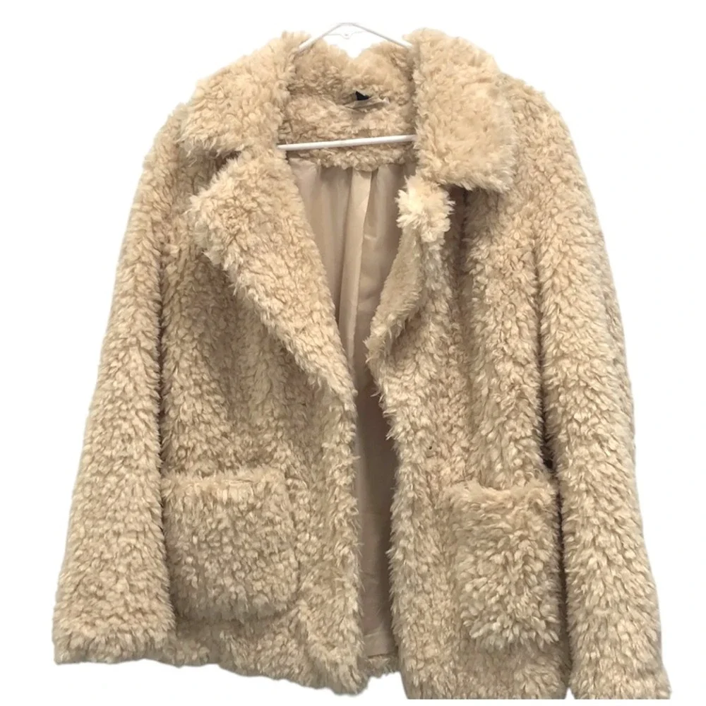 H&M DIVIDED Cream Faux Fur SHAGGY TEDDY BEAR Faux Curly Lamb JACKET/COAT sz S